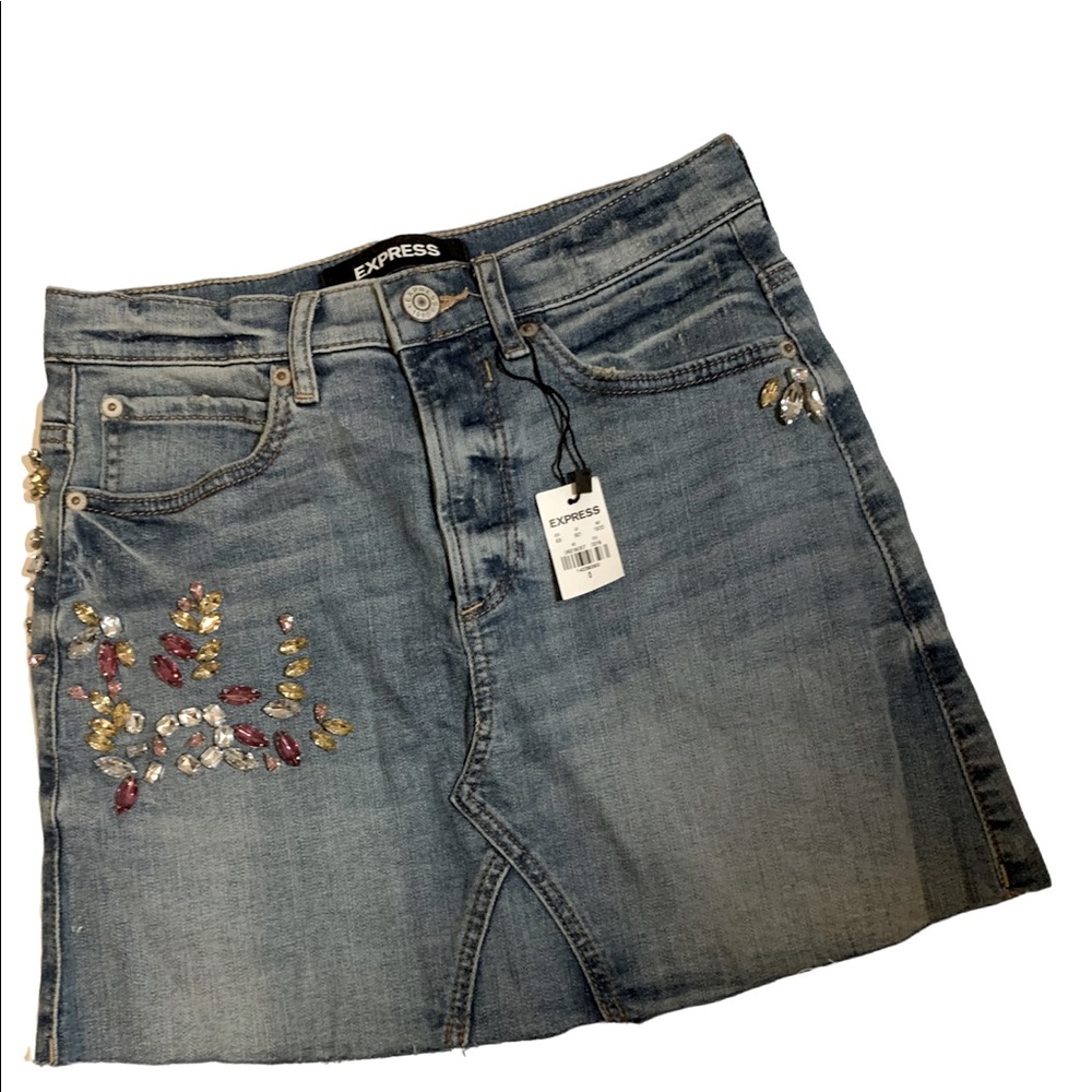 EXPRESS WASHED DENIM MINI SKIRT w/ JEWELS